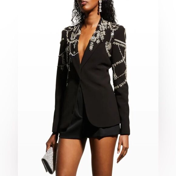 L’AGENCE Clementine Crystal Rhinestone Embellished Peak Lapel Blazer Black - Picture 2 of 16